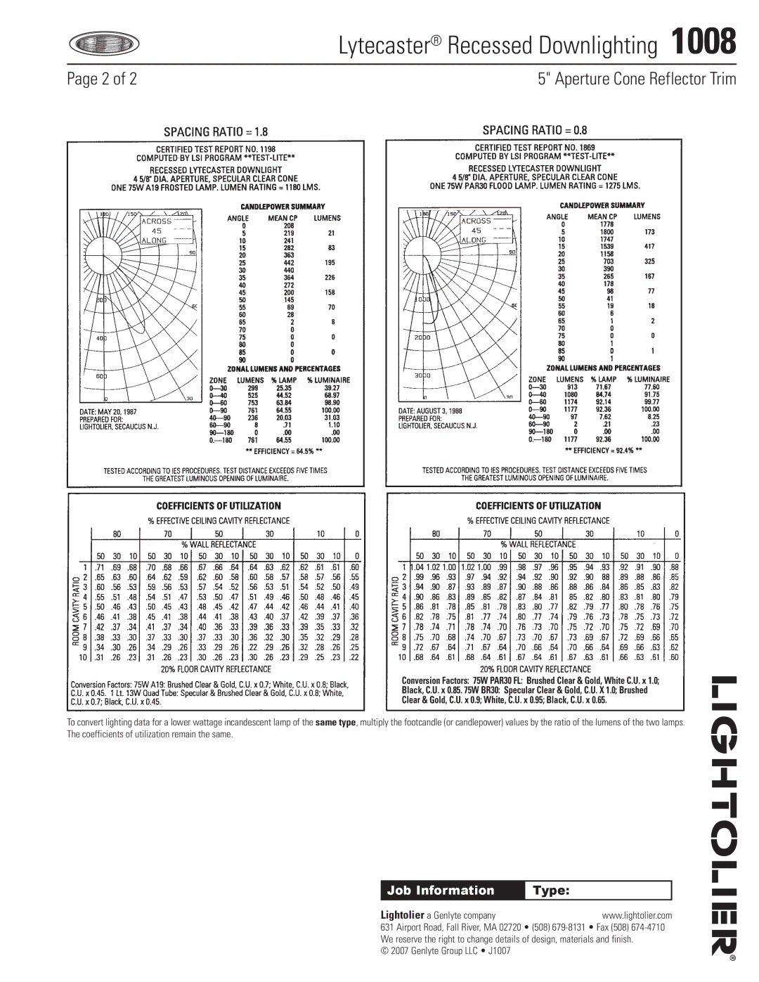 Lightolier 1008 specifications Lytecaster Recessed Downlighting , Job Information, Type, Lightolier a Genlyte company 